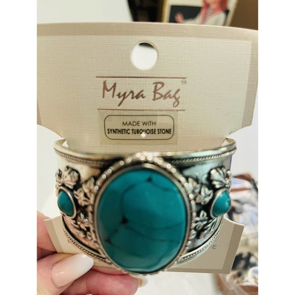 Myra Rwanda Open Cuff Bracelet Silver Tone Copper Turquoise Look - Myra 606 - Picture 6 of 12